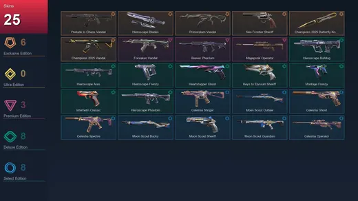 EU | Prelude to Chaos Vandal | Hieroscape Blades | Primordium Vandal | Neo Frontier Sheriff | 25 Skin | 29 Agent | 54 Buddy | Lv117