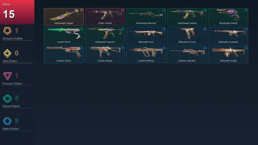 AP | Sandswept Dagger | Origin Vandal | Sandswept Marshal | Sandswept Vandal | 15 Skin | 25 Agent | 31 Buddy | Lv85