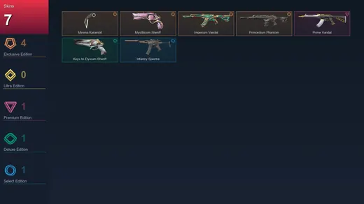 NA | Minima Karambit | Mystbloom Sheriff | Imperium Vandal | Primordium Phantom | 7 Skin | 16 Agent | 19 Buddy | Silver I | Lv48 — Valorant account
