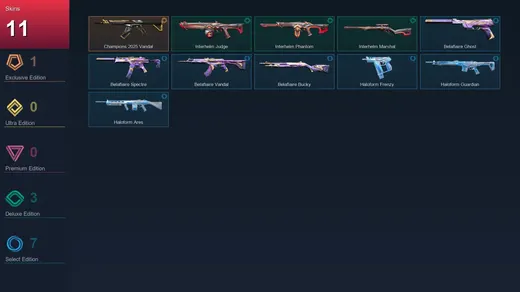 EU | Champions 2025 Vandal | Interhelm Judge | Interhelm Phantom | Interhelm Marshal | 11 Skin | 10 Agent | 14 Buddy | Lv30 — Valorant account