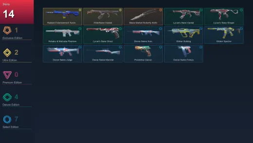 NA | Black.Market Butterfly Knife | Radiant Entertainment System Phantom | Elderflame Vandal | 14 Skin | 11 Agent | 18 Buddy | Lv31