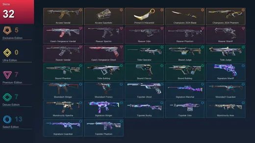 EU | Arcane Vandal | Arcane Gauntlets | Prime//2.0 Karambit | Champions 2024 Blade | 32 Skin | 18 Agent | 35 Buddy | Lv48