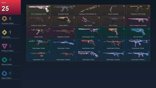 AP | Kuronami Vandal | Champions 2025 Butterfly Knife | Reaver Karambit | Champions 2025 Vandal | 25 Skin | 15 Agent | 18 Buddy | Lv44