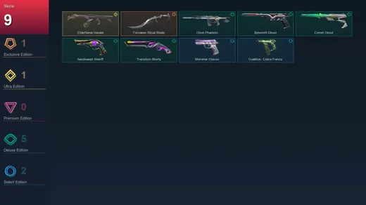 LA | Forsaken Ritual Blade | Elderflame Vandal | Orion Phantom | Byteshift Ghost | 9 Skin | 27 Agent | 50 Buddy | Lv141