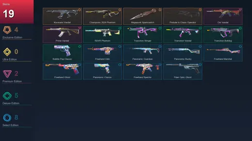 AP | Kuronami Vandal | Champions 2024 Phantom | Magepunk Sparkswitch | Prelude to Chaos Operator | 19 Skin | 20 Agent | 42 Buddy | Lv99 — Valorant account