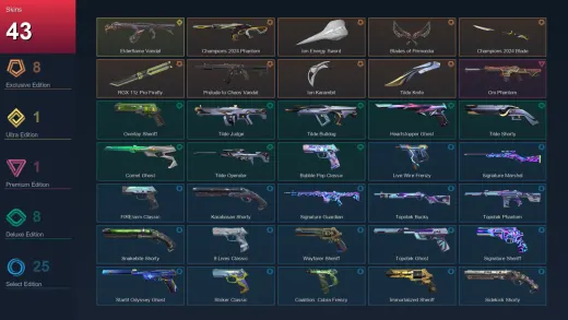 AP | Champions 2024 Phantom | Ion Energy Sword | Blades of Primordia | Champions 2024 Blade | 43 Skin | 27 Agent | 98 Buddy | Lv314