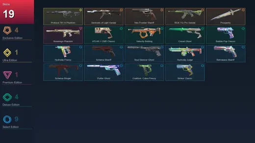 AP | Sentinels of Light Vandal | Neo Frontier Sheriff | RGX 11z Pro Vandal | Prosperity | 19 Skin | 28 Agent | 73 Buddy | Lv185