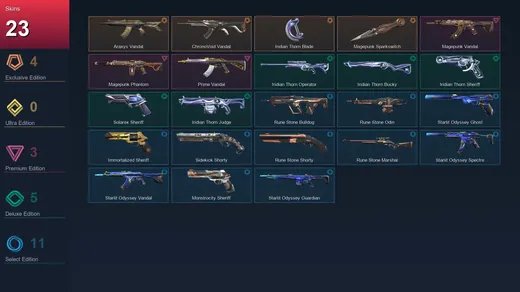 EU | Araxys Vandal | ChronoVoid Vandal | Iridian Thorn Blade | Magepunk Sparkswitch | 23 Skin | 28 Agent | 58 Buddy | Lv146 — Valorant account