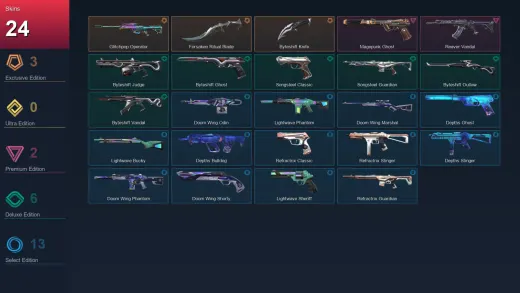 AP | Glitchpop Operator | Forsaken Ritual Blade | Byteshift Knife | Magepunk Ghost | 24 Skin | 15 Agent | 22 Buddy | Lv33