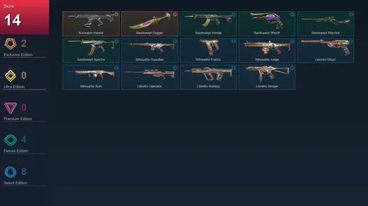 AP | Kuronami Vandal | Sandswept Dagger | Sandswept Vandal | Sandswept Sheriff | 14 Skin | 21 Agent | 27 Buddy | Lv70