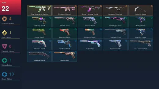 AP | Mystbloom Phantom | Dolmir's Revenge Vandal | Sentinels of Light Odin | Soulstrife Scythe | 22 Skin | 29 Agent | 78 Buddy | Lv281