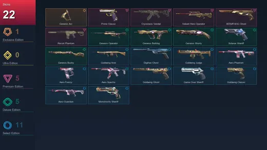 LA | Genesis Arc | Prime Classic | Cryostasis Vandal | Valiant Hero Operator | 22 Skin | 24 Agent | 56 Buddy | Lv134