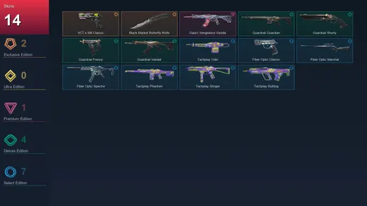 EU | VCT x M8 Classic | Black.Market Butterfly Knife | Gaia's Vengeance Vandal | Guardrail Guardian | 14 Skin | 9 Agent | 13 Buddy | Lv23