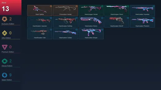 EU | Heart Splitter | Primordium Vandal | Heartstopper Vandal | Heartstopper Ghost | 13 Skin | 15 Agent | 15 Buddy | Lv40