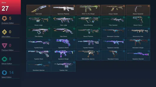 AP | Tilde Knife | Spectrum Phantom | RGX 11z Pro Stinger | Araxys Vandal | 27 Skin | 23 Agent | 37 Buddy | Platinum II | Lv65 — Valorant account
