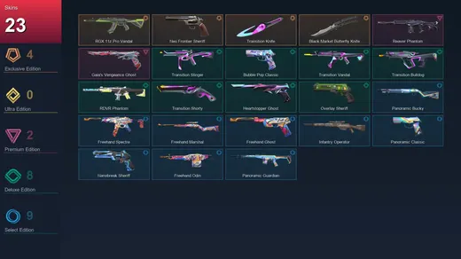 EU | RGX 11z Pro Vandal | Neo Frontier Sheriff | Transition Knife | Black.Market Butterfly Knife | 23 Skin | 28 Agent | 45 Buddy | Lv120 — Valorant account