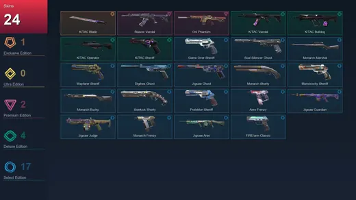 AP | K/TAC Blade | Reaver Vandal | Oni Phantom | K/TAC Vandal | 24 Skin | 23 Agent | 63 Buddy | Lv147