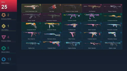 AP | Oni Claw | Prelude to Chaos Vandal | Evori Dreamwings Odin | Oni Phantom | 25 Skin | 16 Agent | 34 Buddy | Lv46