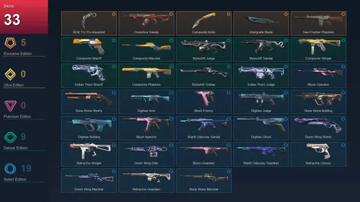 EU | RGX 11z Pro Karambit | Overdrive Vandal | Composite Knife | Intergrade Blade | 33 Skin | 26 Agent | 48 Buddy | Silver II | Lv80 — Valorant account