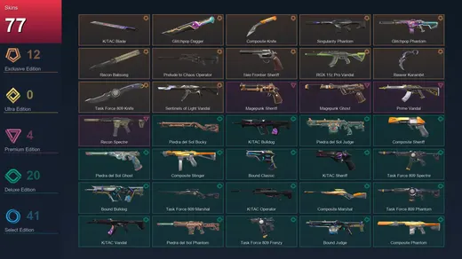 LA | K/TAC Blade | Glitchpop Dagger | Composite Knife | Singularity Phantom | 77 Skin | 24 Agent | 78 Buddy | Lv129 — Valorant account