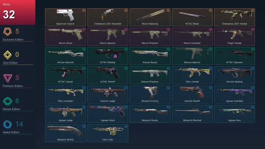 EU | Spectrum Classic | Champions 2021 Karambit | Recon Balisong | K/TAC Blade | 32 Skin | 13 Agent | 27 Buddy | Lv46 — Valorant account