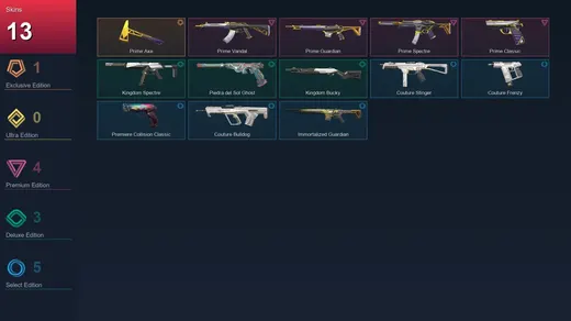 EU | Prime Axe | Prime Vandal | Prime Guardian | Prime Spectre | 13 Skin | 9 Agent | 14 Buddy | Lv6