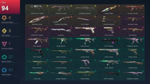 EU | Outpost Melee | Overdrive Vandal | Mystbloom Kunai | Forsaken Ritual Blade | 94 Skin | 27 Agent | 101 Buddy | Lv166