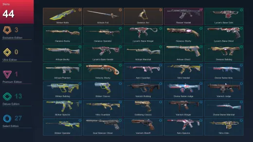 LA | Striker Knife | Artisan Foil | Genesis Arc | Reaver Vandal | 44 Skin | 19 Agent | 59 Buddy | Lv106