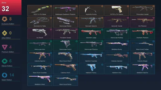 EU | RGX 11z Pro Blade | Bubblegum Deathwish Phantom | Soulstrife Scythe | VCT25 x TH Classic | 32 Skin | 14 Agent | 22 Buddy | Lv48