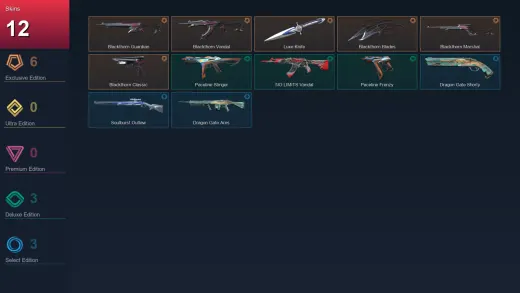 NA | Blackthorn Guardian | Blackthorn Vandal | Luxe Knife | Blackthorn Blades | 12 Skin | 7 Agent | 12 Buddy | Lv14