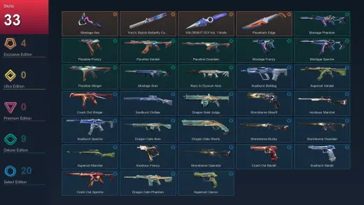 LA | Montage Axe | Yoru's Stylish Butterfly Comb | VALORANT GO! Vol. 1 Knife | Paceline's Edge | 33 Skin | 17 Agent | 31 Buddy | Lv49