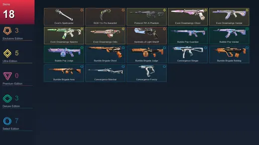 NA | Evori's Spellcaster | RGX 11z Pro Karambit | Sentinels of Light Sheriff | Protocol 781-A Phantom | 18 Skin | 10 Agent | 17 Buddy | Lv27