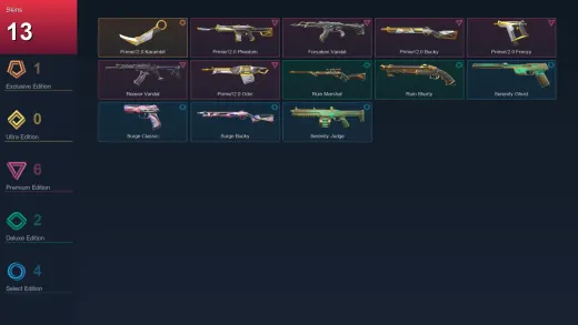 NA | Prime//2.0 Karambit | Prime//2.0 Phantom | Forsaken Vandal | Prime//2.0 Bucky | 13 Skin | 14 Agent | 25 Buddy | Lv47