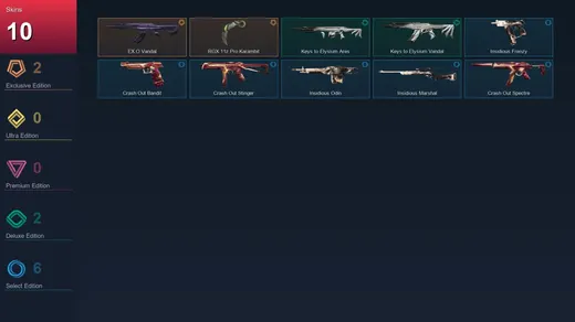 EU | EX.O Vandal | RGX 11z Pro Karambit | Keys to Elysium Ares | Keys to Elysium Vandal | 10 Skin | 9 Agent | 9 Buddy | Lv25