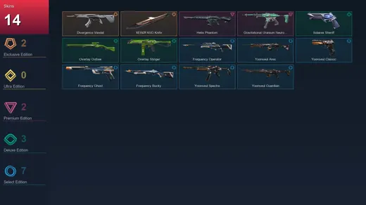 AP | Divergence Vandal | XERØFANG Knife | Helix Phantom | Gravitational Uranium Neuroblaster Spectre | 14 Skin | 15 Agent | 23 Buddy | Lv38