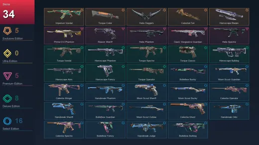 LA | Imperium Vandal | Torque Coiler | Helix Daggers | Celestial Fan | 34 Skin | 17 Agent | 29 Buddy | Lv65