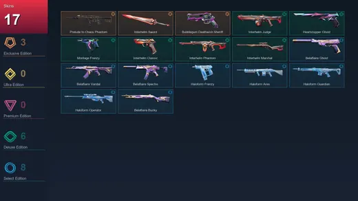 EU | Prelude to Chaos Phantom | Interhelm Sword | Bubblegum Deathwish Sheriff | Interhelm Judge | 17 Skin | 15 Agent | 23 Buddy | Bronze I | Lv61
