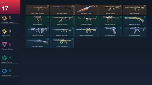 AP | Neo Frontier Phantom | Singularity Vandal | Paceline's Edge | Araxys Vandal | 17 Skin | 22 Agent | 31 Buddy | Lv55
