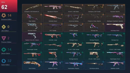 EU | Champions 2025 Butterfly Knife | Mystbloom Phantom | ATLAS // CMD Baton | Champions 2025 Vandal | 62 Skin | 29 Agent | 54 Buddy | Lv142
