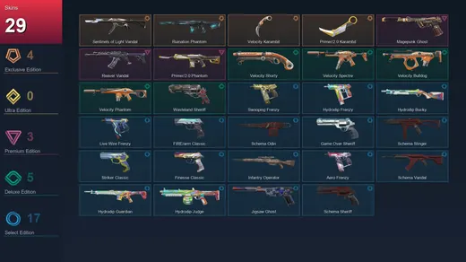 EU | Sentinels of Light Vandal | Ruination Phantom | Velocity Karambit | Prime//2.0 Karambit | 29 Skin | 26 Agent | 57 Buddy | Silver I | Lv140