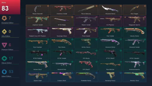 NA | Reaver Karambit | Overdrive Vandal | Recon Balisong | Hivemind Sword | 83 Skin | 26 Agent | 124 Buddy | Lv385