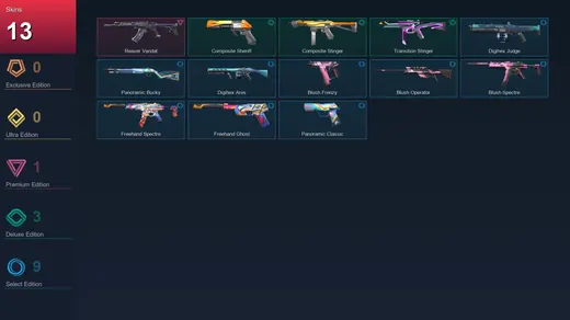 AP | Reaver Vandal | Composite Sheriff | Composite Stinger | Transition Stinger | 13 Skin | 11 Agent | 19 Buddy | Lv31