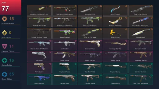 NA | Champions 2022 Butterfly Knife | Champions 2022 Phantom | Xenohunter Knife | Luna's Descent | 77 Skin | 25 Agent | 113 Buddy | Lv212