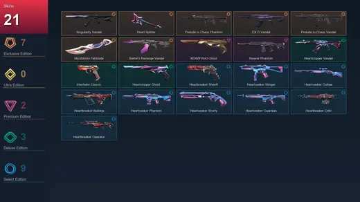 AP | Singularity Vandal | Heart Splitter | Prelude to Chaos Phantom | EX.O Vandal | 21 Skin | 19 Agent | 23 Buddy | Lv54 — Valorant account