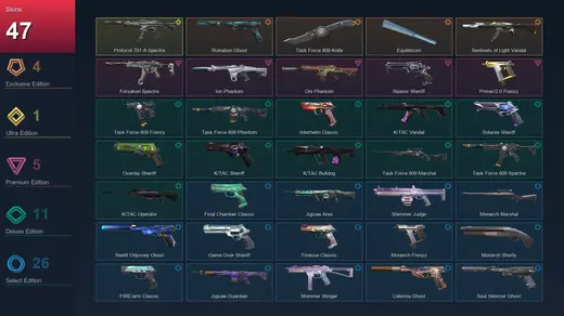 EU | Ruination Ghost | Task Force 809 Knife | Equilibrium | Sentinels of Light Vandal | 47 Skin | 28 Agent | 92 Buddy | Lv207