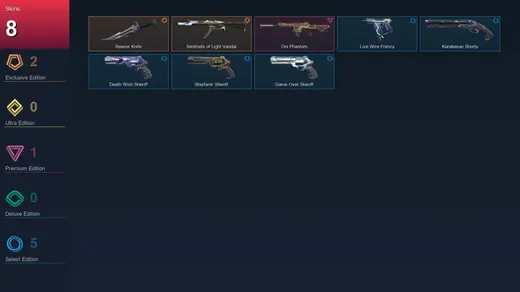 AP | Reaver Knife | Sentinels of Light Vandal | Oni Phantom | Live Wire Frenzy | 8 Skin | 19 Agent | 65 Buddy | Lv129