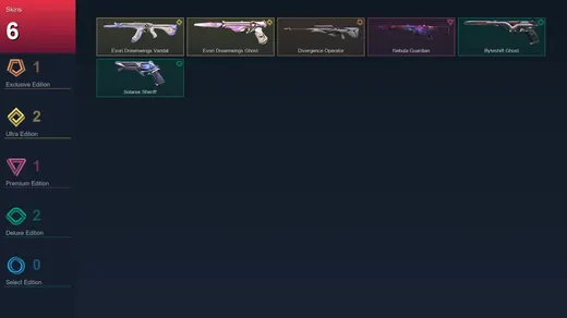AP | Divergence Operator | Evori Dreamwings Vandal | Evori Dreamwings Ghost | Nebula Guardian | 6 Skin | 14 Agent | 12 Buddy | Lv44