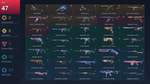BR | Heart Splitter | Solarex Relic | Montage Axe | Champions 2025 Vandal | 47 Skin | 28 Agent | 52 Buddy | Lv173 — Valorant account