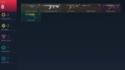 AP | Araxys Vandal | Singularity Vandal | Protocol 781-A Phantom | Evori Dreamwings Vandal | 6 Skin | 17 Agent | 51 Buddy | Lv80