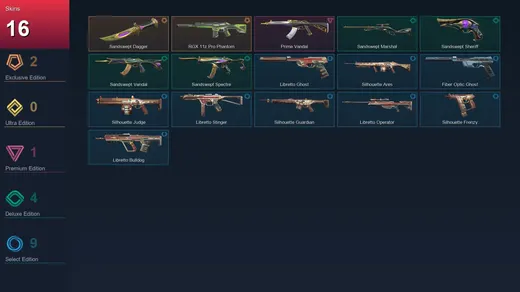 EU | Sandswept Dagger | RGX 11z Pro Phantom | Prime Vandal | Sandswept Marshal | 16 Skin | 24 Agent | 28 Buddy | Lv94
